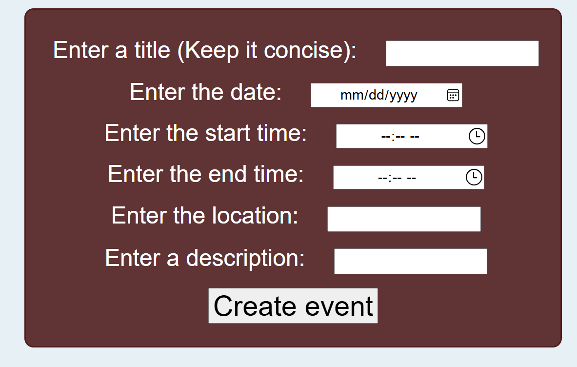 The event creation screen